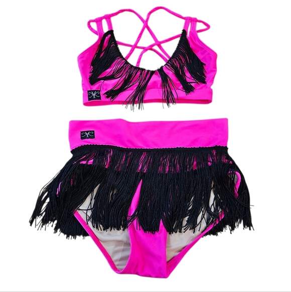 Kandi Kouture Other - Kandi Kouture Neon Pink Black Fringe Two-Piece Salsa Dance Outfit Teen XS